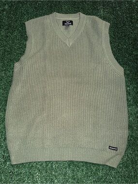 Threadbare Men’s Green Waffle-Knit V-Neck Sleeveless Sweater Vest Logo L